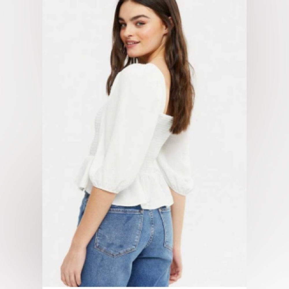 Coastal Granny Core Eyelet Square Neck Puffed Sleeve Peplum, White Top Size 14 - Picture 6 of 9
